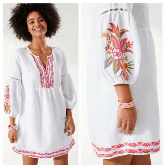 Tommy Bahama St. Lucia Tropical Embroidered Linen Dress Cover-Up in White Size L - Picture 1 of 12